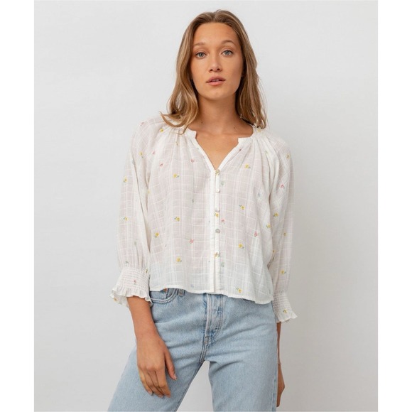 Rails Tops - Rails Mariah Mini Buds V-Neck Top Womens L Sheer White Cottagecore Spring Boho